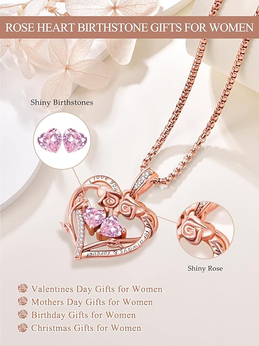 Rose Heart Necklaces for Women, Rose Gold Forever Love Jewelry with 2 Birthstones Pendant,Valentines Anniversarry Birthday Gifts for Her Wife Mom Grandma Daughter, 18+2 Inch Chain