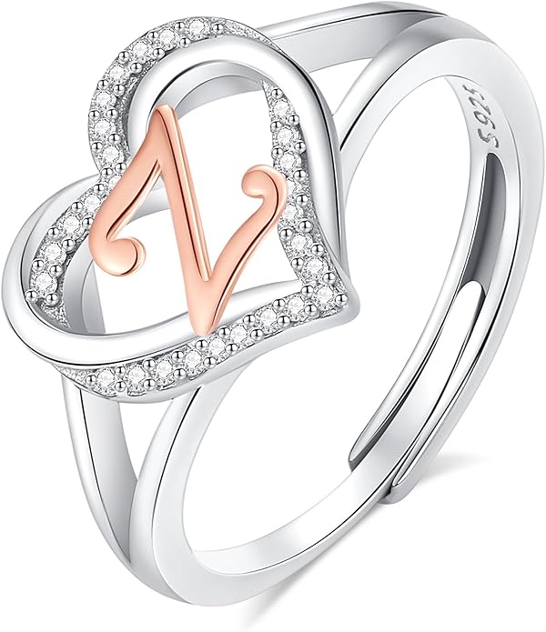 INFUSEU 925 Sterling Silver Initial Heart Ring for Women Girls, Adjustable Size