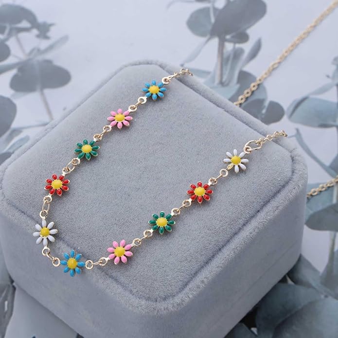 Vintage Layered Colorful Flower Necklace Multi Color Daisy Flower Choker Necklace Gold Rainbow Daisy Necklace Enamel Floral Necklace Chain Jewelry for Women