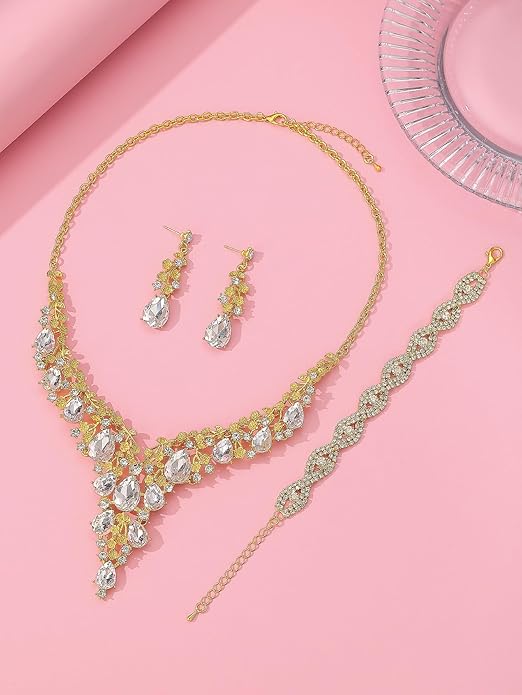 Wedding Bridal Bridesmaid Austrian Crystal Rhinestone Jewelry Sets Statement Choker Necklace Earrings Bracelets Sets for Wedding Party Prom