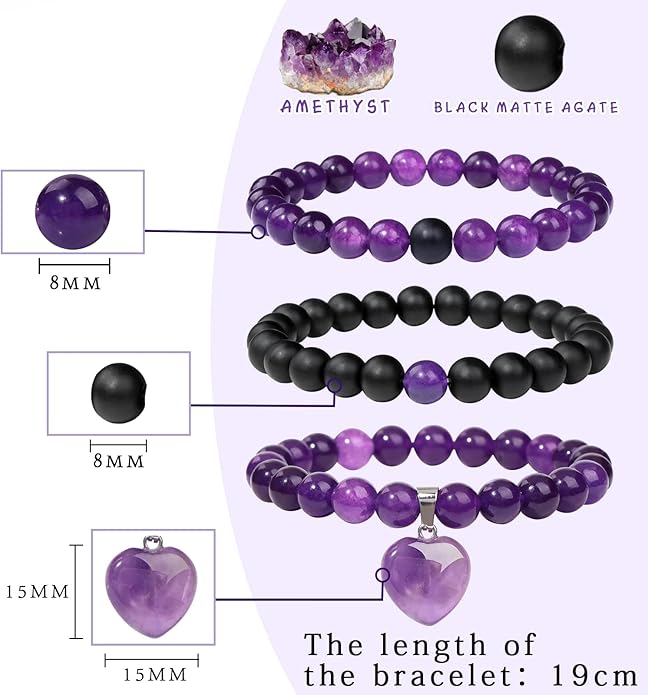 Healing Crystal Beaded Bracelets for Women,Natural Amethyst Gemstones Bracelet,Anxiety Stress Relief Heart Charm Bracelet Handmade purple Jewelry Gifts for Women
