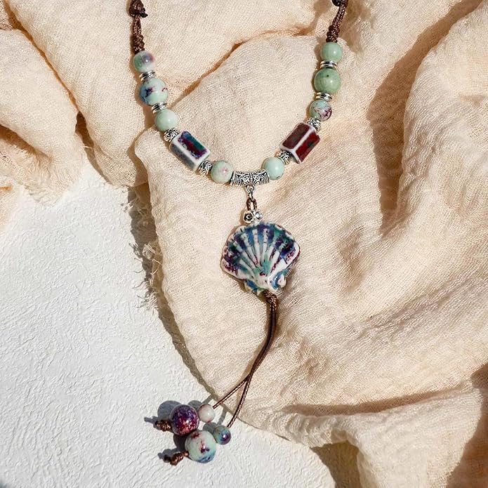 Boho Style Colorful Ceramic Bead Strand Necklace Adjustable Bohemian Jewelry Gift for Women, Fashion Clothing Matching Necklace