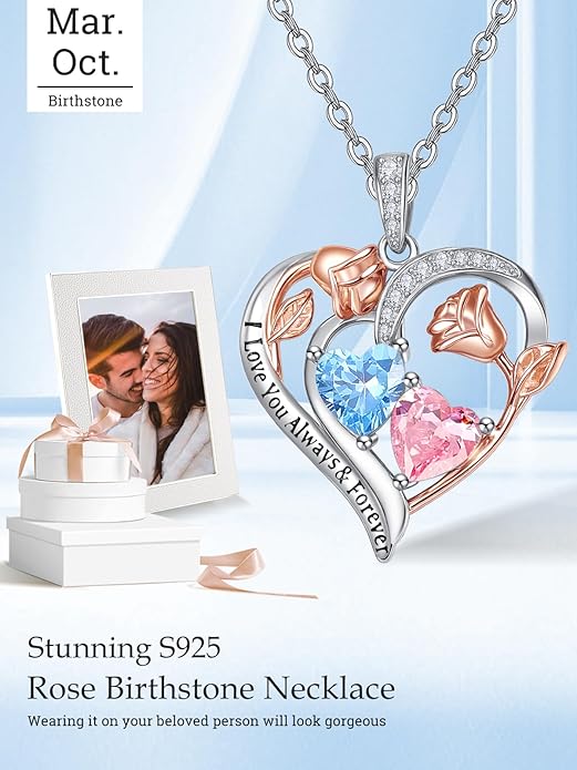 Valentine's Day Gifts for Wife 925 Sterling Silver Double Birthstone Pendant Necklaces I Love You for Always and Forever Necklace Anniversary Birthday Gifts for Wife Girlfriend Mom Her