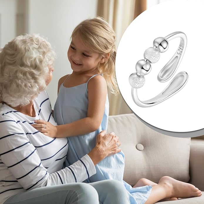 HEEYA Anxiety Rings for Women,Sterling Silver Rings to my Daughter,Adjustable Stress Spinner Ring with Beads,Anxiety Fidget Ring for Women,Thumb Jewelry for Birthday,Christmas with Gift Card