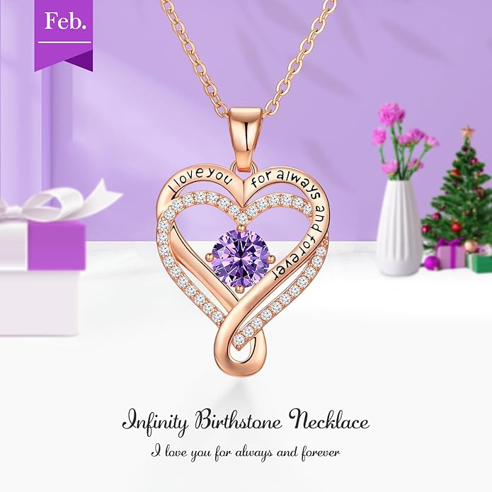 Infinity Love Heart Birthstone Necklace for Women Wife, S925 Sterling Silver Anniversary for Women Wife Birthday Gift for Her Girlfriend Mom Daughters, I Love You Women's Jewelry 18k Rose Gold Filled