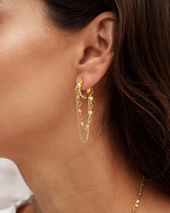 Tassel Chain Small Gold Hoop Dangle Earring For Women Huggie Earring Heart Star CZ 14K Gold Plated Fashion Jewelry Friendship Gift