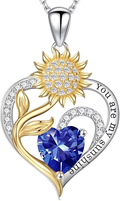 Iefil Valentines Day Gifts for Her - Sunflower Heart Birthstone Necklace Gifts for Women, Anniversary Birthday Gifts for Her 925 Sterling Silver Necklace You Are My Sunshine Jewelry for Wife Mom