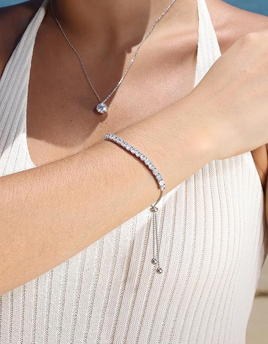 KRKC&CO Tennis Bracelet, Adjustable Length S925 Sterling Silver 2/3/4mm, Christmas Birthday Gifts for Her, Gift Box, Cubic Zirconia Bolo Bracelets for Women White/14K Gold Plated, Hypoallergenic