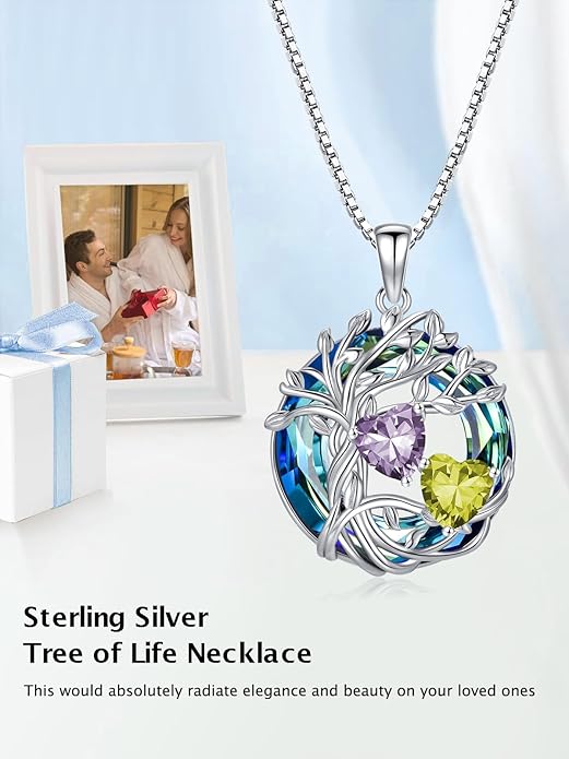 TOUPOP s925 Sterling Silver Family Celtic Tree of Life Pendant Necklaces with 2 Heart Birthstone with Blue Austrian Crystal Jewelry Birthday Valentines Day Gifts for Her, Anniversary Christmas Gifts for Wife Girlfriend Mom (18K Real White Gold Filled)