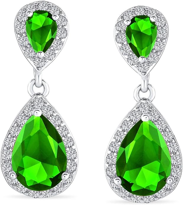 Vintage Style Bridal Cubic Zirconia Simulated Gemstone AAA CZ Halo Dangle Teardrop Chandelier Clip On Earrings For Women Silver Rose Gold Plated in Black Purple Blue Red Rose Pink Green Clear