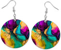 Round Wood Earrings Light Weight Printed Image Dangle Jewelry