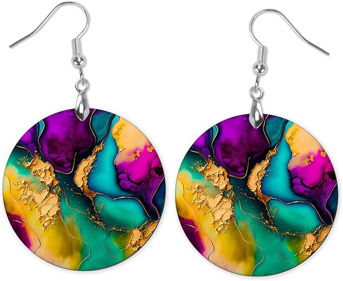 Round Wood Earrings Light Weight Printed Image Dangle Jewelry