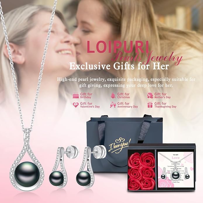 Pearl Necklace and Earring Set for Women- 925 Sterling Silver Adjustable Jewelry Set, White Gold /14K Gold Plated Infinity Black White Pearl Jewelry Set Anniversary Birthday Gifts for Her