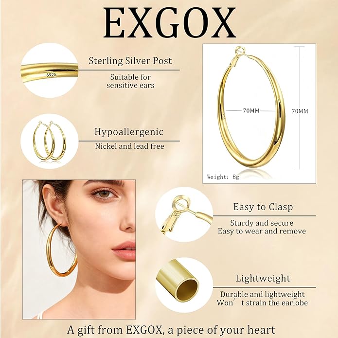 EXGOX Sterling Silver Hoop Earrings - Hypoallergenic, Lightweight, Chunky, 14K Real Gold Plated, Big Large Hoops for Women