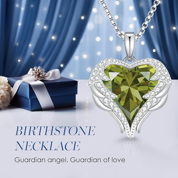 CDE Valentines Day Gifts for Women Angel Wings Necklace for Women with Birthstone, Love Heart Silver Tone/Gold Tone Pendant, Ideal Anniversary or Birthday Jewelry Gifts for Wife Girlfriend Her