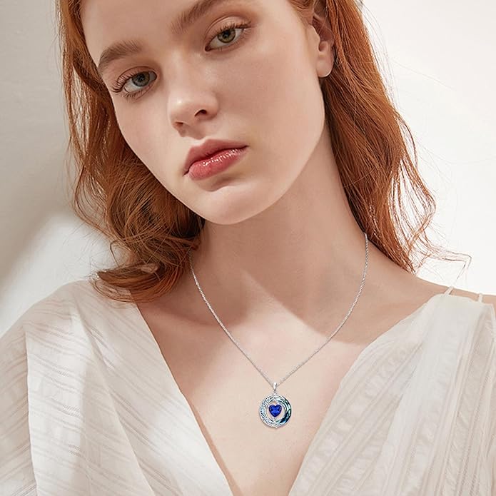 Valentines Day Gifts for Women, Birthstone Necklace for Women, Celtic Moon Pendant Blue Crystal Necklace Heart Jewelry Anniversary Jewelry Gift for Daughter Wife Mother Sister