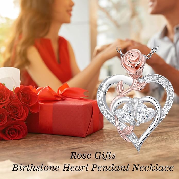 Rose Flower Heart Pendant for Women Birthday Gifts 18k Gold Plated Mother Daughter Necklace with 12 Months Birthstone Christmas Valentines Day Gifts for Her Mom Anniversarry Jewelry for Mom Wife Girlfriend