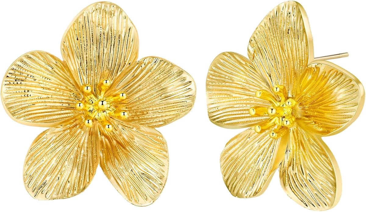 18K Gold Plated Large Chunky Flower Statement Earrings for Women by SNGIA, Summer Beach Floral Handmade Drop Jewelry, Maximalist Wedding Date Birthday Gift, Bold Exaggerated Textured Dangle Trendy Ribbed Jewelry, 18K Gold Plated Chandelier Fashion Acce...