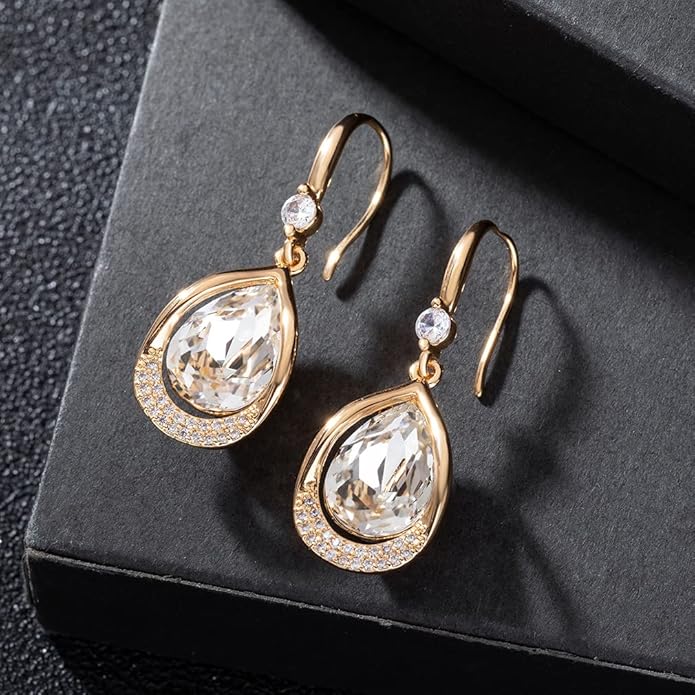 Austrian Crystal Halo Teardrop Hollow Drop Dangle Earrings for Women 14K Rose Gold Plated Hypoallergenic Jewelry Gifts
