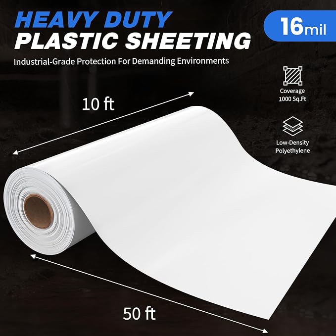 White Plastic Sheeting, 16 Mil 10' x 50', Crawl Space Vapor Barrier, Plastic - Image 6