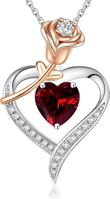 immobird Rose Gold Heart Necklace Birthstone Jewelry Sterling Silver Jewelry Plated White Gold Valentine's Day Gift Women for Wife Mom Necklace for Women