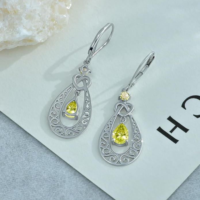 Teardrop Birthstone Dangle Drop Earrings Sterling Silver Infinity Filigree Leverback Earrings, Infinity Love Birthday Anniversary Valentines Day Gifts for Her Women Mom Wife