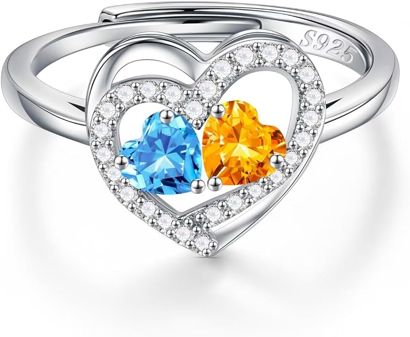 Iefil Adjustable Ring for Women - 925 Sterling Silver Double Birthstone Rings, Anniversary Birthday Gifts for Women Wife Her