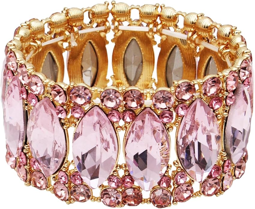 Women’s Elegant Wedding Bridal Crystal Double Row Marquise-Shape Leaf Stretch Bangle Bracelet Bride Jewelry for Women