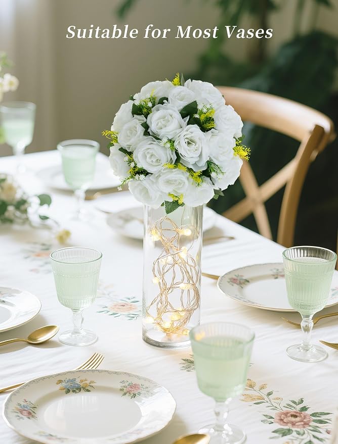 BLOSMON White Flowers for Wedding Centerpieces: 10 Pcs, 15 Faux Silk Roses | - Image 3