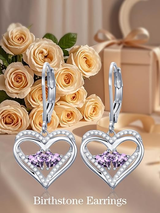 Valentines Day Gifts for Women, Heart Leverback Earrings Double Birthstone Dangle Earrings for Women, Love Jewelry for Her, Anniversary Birthday Gift for Mom Wife Girlfriend