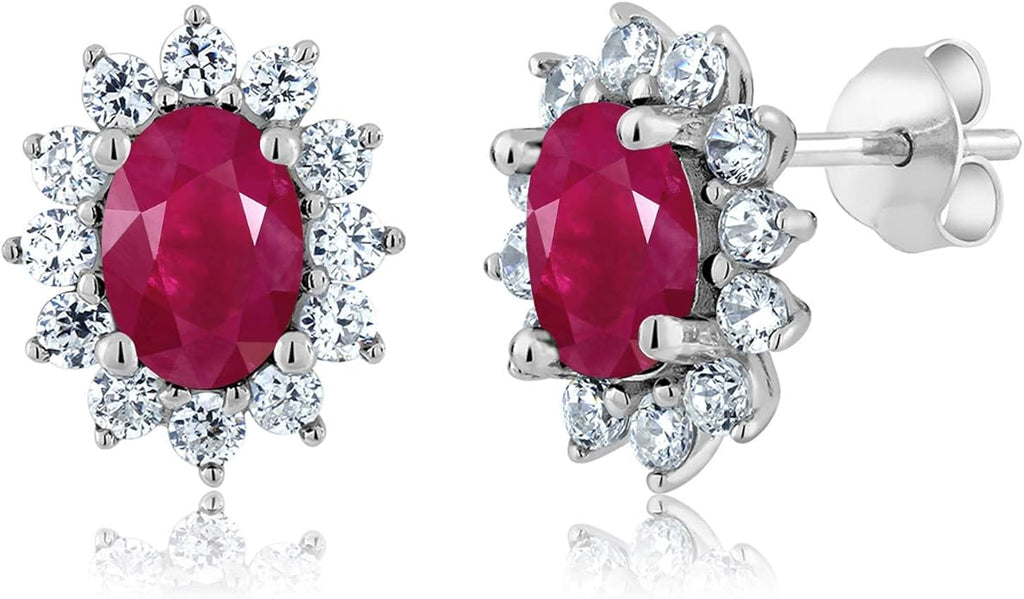 Gem Stone King 7X5MM Oval Gemstone Birthstone Stud Earrings For Women | Princess Diana Royal Halo Style | 925 Sterling Silver | Fine Jewelry Gifts for Anniversary Wedding Her Mom Women Wife