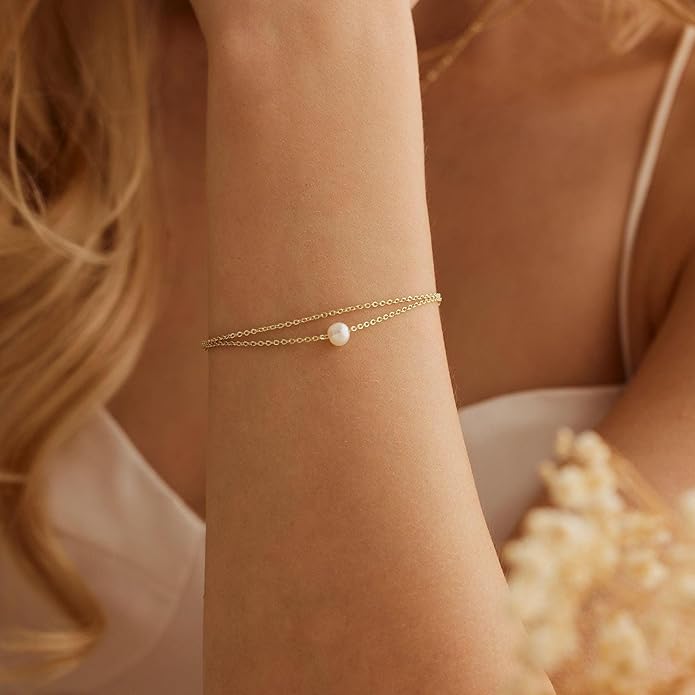 SLOONG Valentines Day Gifts for Her Gold Pearl Bracelets, 18K Real Gold Plated Dainty Stackable Snake Chain CZ Heart Pendant Bracelets, Layered Waterproof Jewelry Gift for Women Adjustable 6"+2"