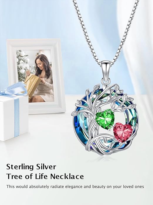 TOUPOP s925 Sterling Silver Family Celtic Tree of Life Pendant Necklaces with 2 Heart Birthstone with Blue Austrian Crystal Jewelry Birthday Valentines Day Gifts for Her, Anniversary Christmas Gifts for Wife Girlfriend Mom (18K Real White Gold Filled)