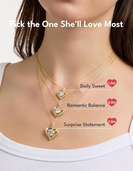 KRKC Moissanite Heart Necklace for Women, 1-3 Carat Lab Created Diamond Pendant, 14K/White Golden Plated S925 Sterling Silver Chains, Valentines Day Christmas Birthday Gifts for Her Wife Anniversary