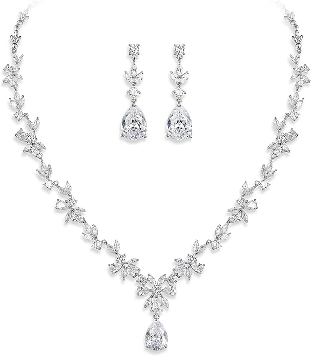Crysdue Wedding Jewelry Set for Women, Floral Leaf Vine Teardrop Necklace Dangle Earrings Bracelet and Hair Comb, Cubic Zirconia Elegant Party Prom Jewellery for Bridal Bridesmaid