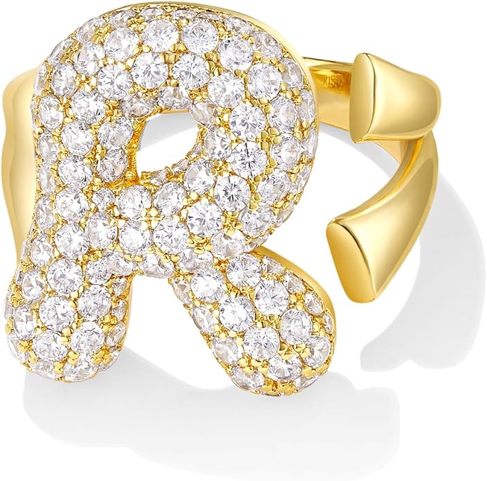 KissYan Bubble Initial Ring Valentines Day Gifts for Women, 14k Gold Plate Balloon Jumbo Letter Rings Open Adjustable Dainty Pave CZ Personalized Fashion Trendy Statement Jewelry