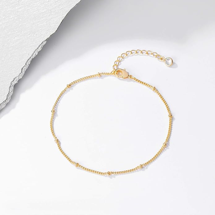 Dainty Layered Gold Chain Bracelet for Women 14K Gold Plated Handmade Adjustable Bracelet Satellite Beads Oval Mariner Figaro Link Chain Bracelets Minimalist Layering Stacking Jewelry Gift for Women