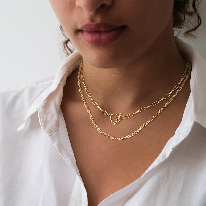 CHESKY Layered Necklaces for Women, 14K Gold Plated Chain Necklace Women Trendy Cuban Link Paperclip Chain Toggle Clasp Necklace Fashion Chunky Jewelry for Women