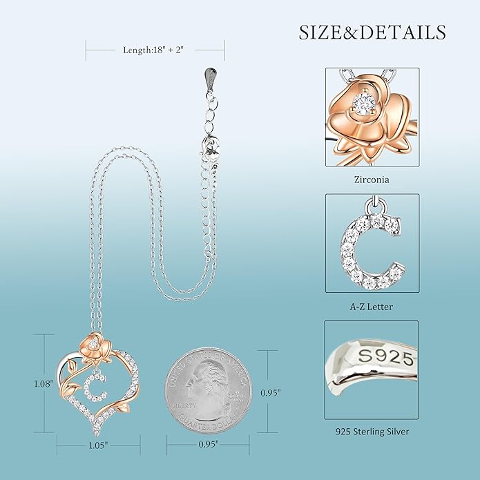 Valentines Day Gifts Rose Heart Letter Initial Necklace for Women, S925 Sterling Silver Pendant Necklace Adjustable Dainty Rose Flower Jewelry Gift for Her