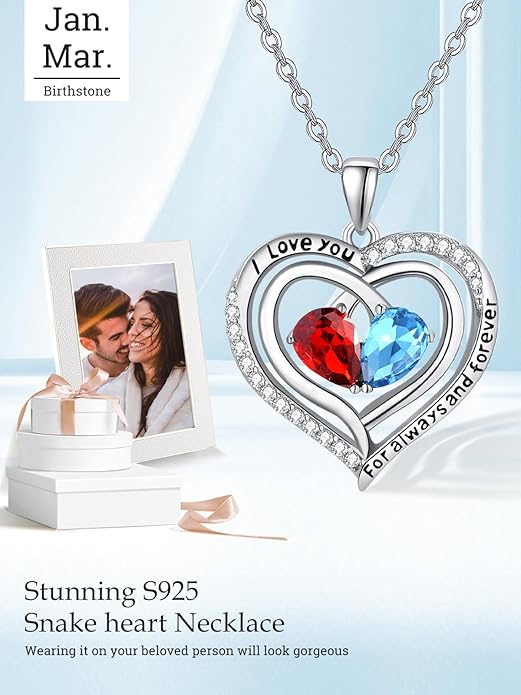 Valentine's Day Gifts for Wife 925 Sterling Silver Double Birthstone Pendant Necklaces I Love You for Always and Forever Necklace Anniversary Birthday Gifts for Wife Girlfriend Mom Her