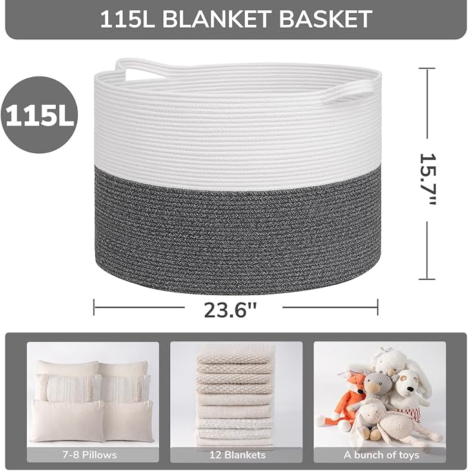INDRESSME 115L Extra Large Woven Rope Blanket Basket Living Room | 23.6" x - Image 2