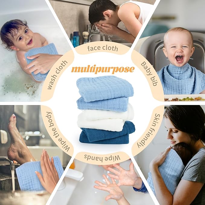 Baby Burp Cloth 100% Cotton Newborn Cotton Muslin Burp Cloth 10x20 inches (White & Blue 6 Pieces)