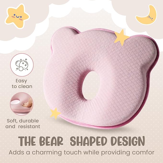 Soft and Breathable Baby Pillow with Memory Foam and Bear Design (Pink)