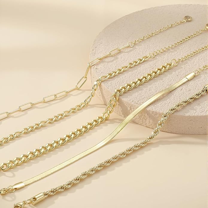 Emibele Gold Bracelets for Women, Dainty Adjustable 14K Gold Plated Bracelet Stack, Elegant Beaded Link Chain Bracelet Sets, Jewelry Gifts for Women