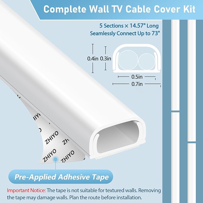ZhiYo 73" Cord Covers for Wires on Wall, 0.7" W x 0.4" H | Fits 2 Cords - Image 3