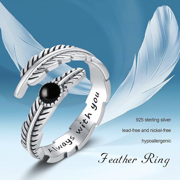 Turquoise/Moss Agate/Moonstone/Black Onyx/Lapis Lazuli/Labradorite/Tiger Eye Feather Ring 925 Sterling Silver Adjustable Ring Western Thumb Rings Vintage Jewelry Gifts for Women