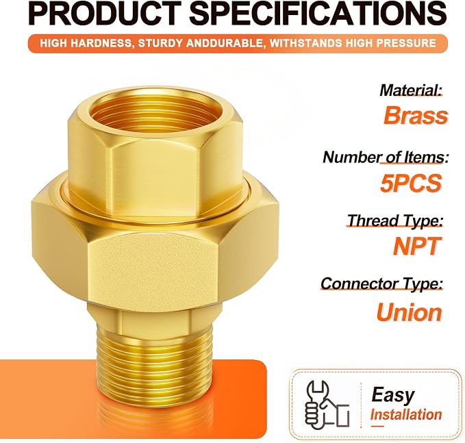 GASHER 5PCS 3/8" NPT Brass Union Pipe Fitting | 3/8 Inch Female x 3/8 Inch Male - Image 2