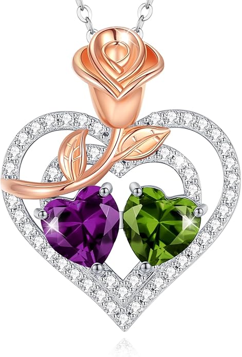 AGVANA Valentines Day Gifts Birthstone Necklace for Women Sterling Silver Rose Flower Heart Double Birthstone Jewelry Pendant Necklace Anniversary Birthday Gifts for Women Mom Wife Girlfriend Her