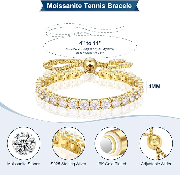Moissanite Tennis Bracelet 1.79ct-8.69ct Adjustable Bracelet for Women 18K White Gold Plated S925 Sterling Silver Tennis Bracelet D Color VVS1 Round Cut 2/3/4mm Moissanite Bracelet Gifts for Wife/Mom