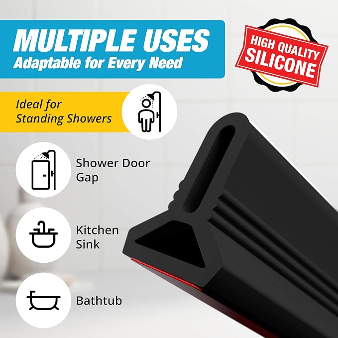 98" Black Shower Threshold Water Dam Barrier, 1.5" Tall Water Stopper Strip | - Image 5
